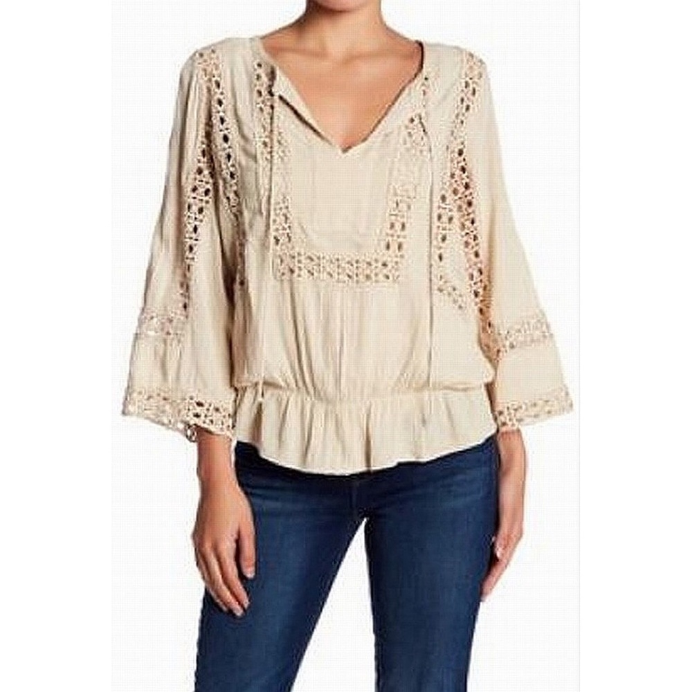 DR2 Beige Tie Neck Wide Sleeve Crochet Blouse - Picture 1 of 7